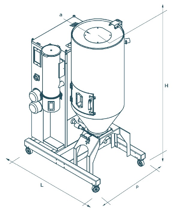 Technical drawing of a drying hopper system used for efficient moisture removal in material pre-treatment.
