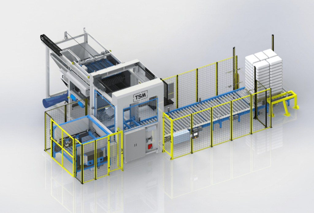 TSM automated packaging and palletizing system with conveyor belts and safety enclosures.