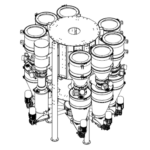 Technical drawing of a high-capacity multi-component gravimetric dosing system designed for precise material blending and extrusion control in industrial applications.