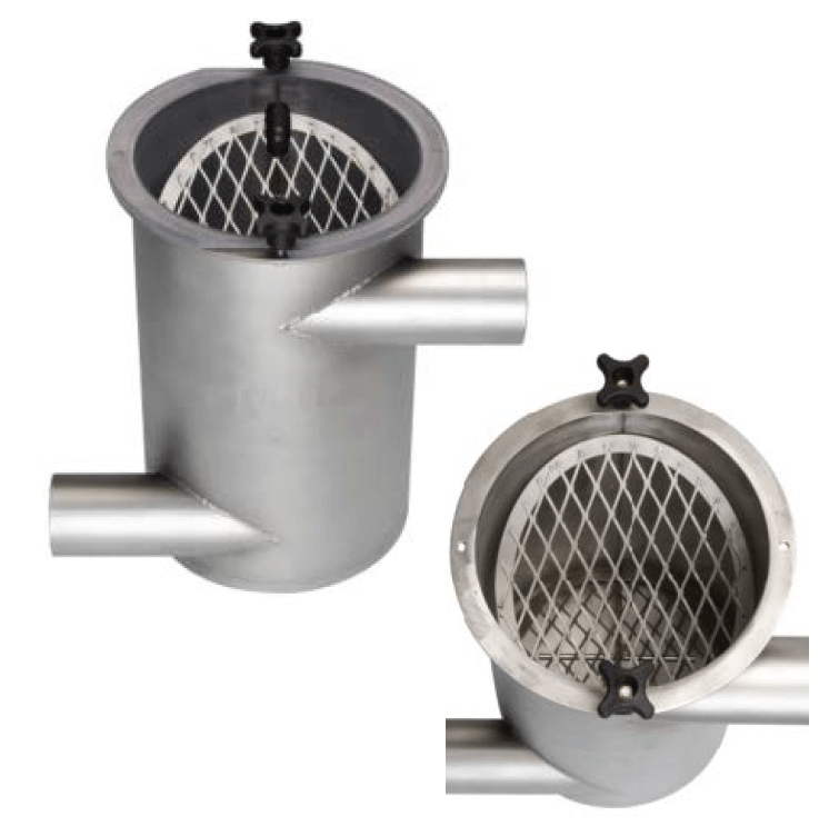Two cylindrical stainless steel Angel Hair Filters with mesh screens, designed for inline material conveying systems to prevent blockages and maintain production efficiency.
