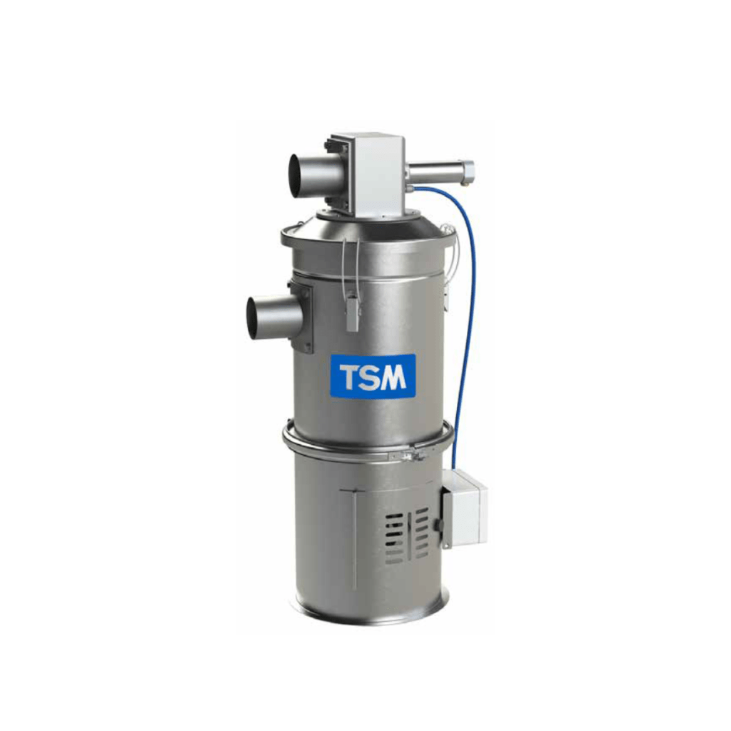 A stainless steel TSM Vacuum Receiver designed for efficient material conveying and handling in industrial applications. The unit features multiple inlets and an integrated control system for optimal performance.