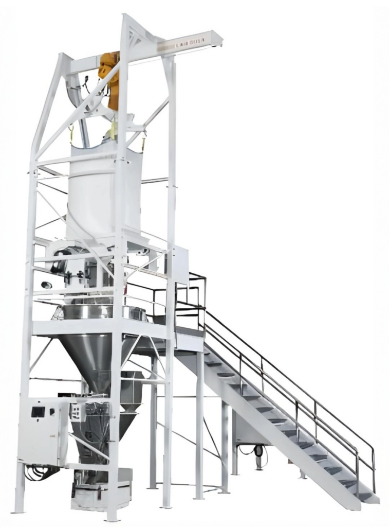 Industrial bulk bag unloading system with overhead hoist, steel support frame, stainless steel hopper, and access stairs