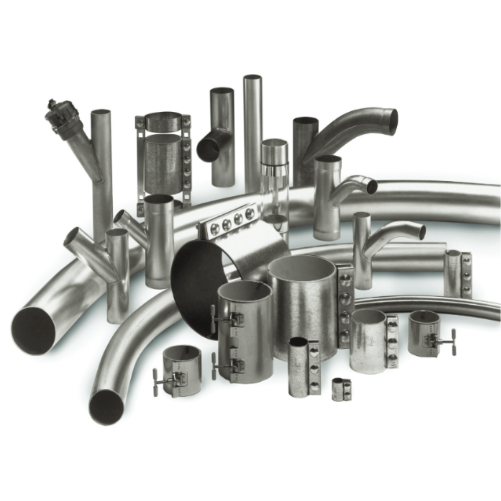 Assorted stainless steel piping, tubing, and fittings designed for industrial conveying applications, offering durable and efficient material transport solutions